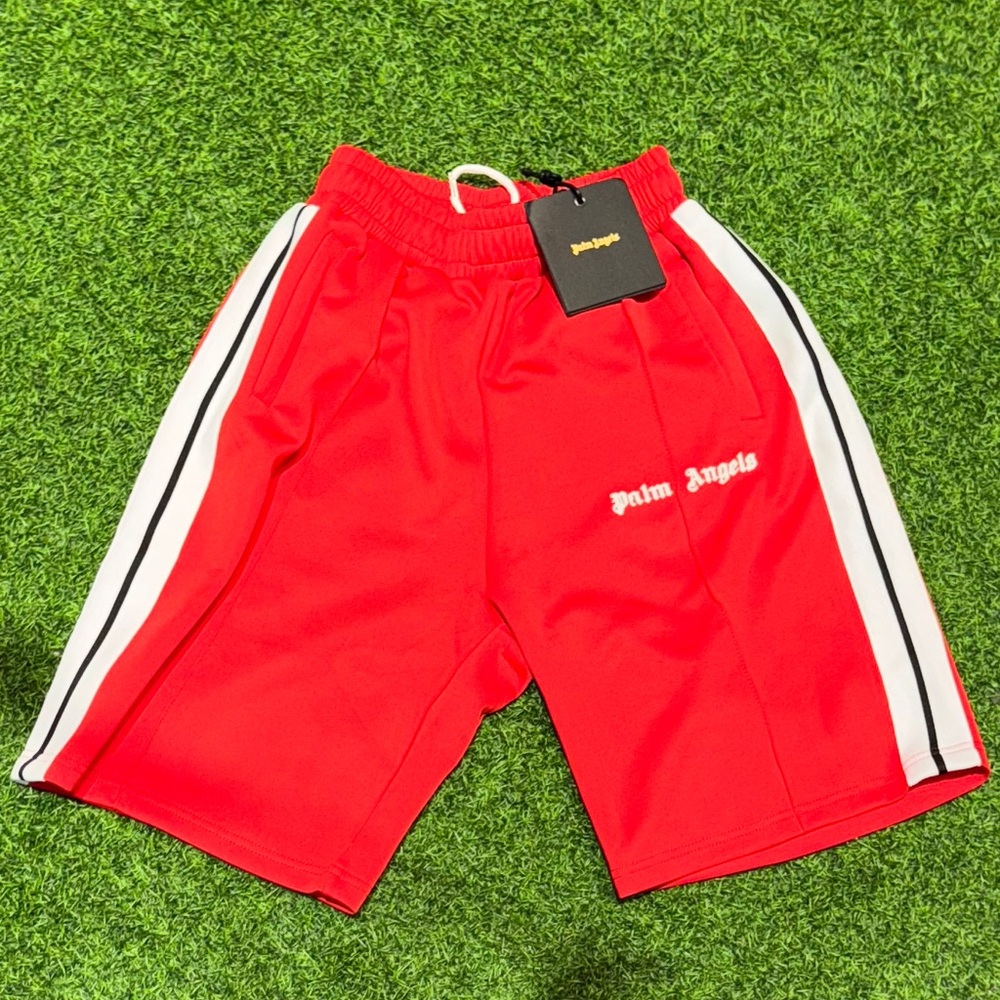 Palm Angels Red Athletic Shorts with White Stripes